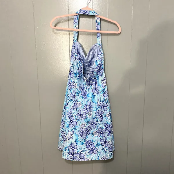Vintage City Triangles Blue Floral Hawaiian Y2K 90s Coconut Girl Halter Dress 10 - Image 3