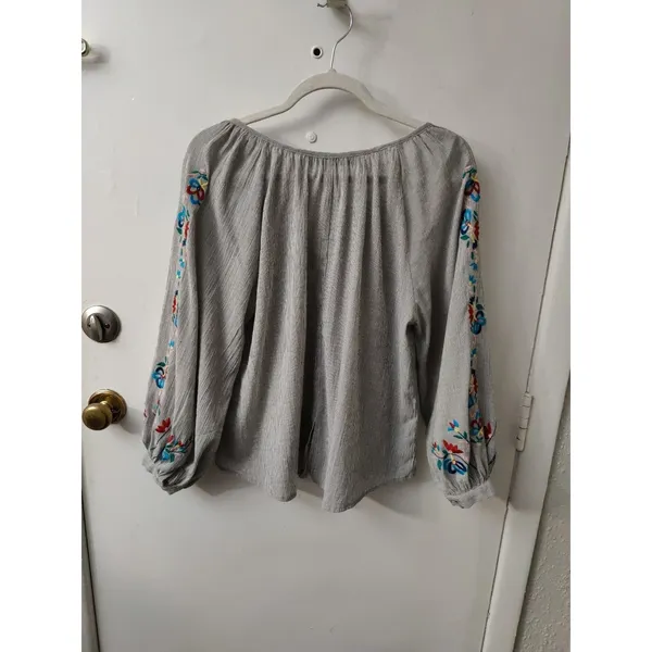 Karlie Embroidered Sleeve V-Neck Peasant Blouse Balloon Sleeve Top M Boho Retro - Image 2