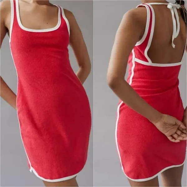 Urban Outfitters Mini Terry Athletic Dress NWT Small Cherry Red Retro White - Image 2