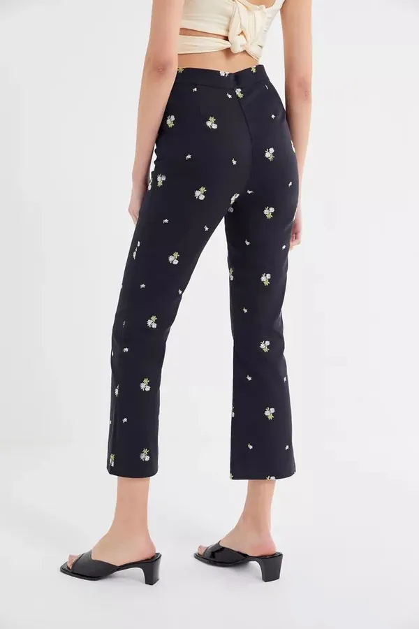 Urban Outfitters Black Daisy Embroidered Kick Flare Cropped Pants - Image 3