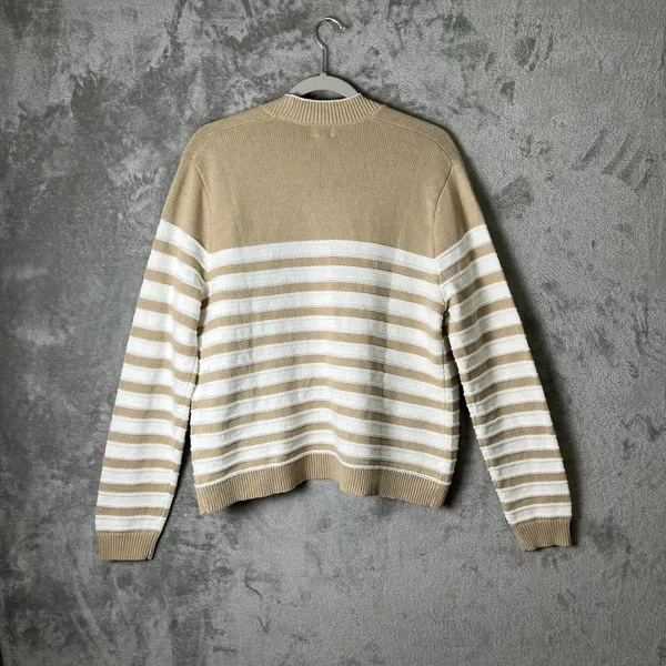 J.Crew Striped Cardigan LG Gold Button Pockets Nautical Khaki Ivory Texture‎ New - Image 3