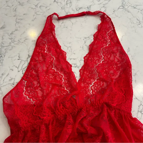 NWT Victoria’s Secret Red‎ Sheer Lace Plunge Babydoll Garter Lingerie Size Large - Image 5
