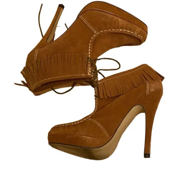 Charles by Charles David Brown Suede Fringe Heeled Booties Moccasins 8 Boho - Image 4