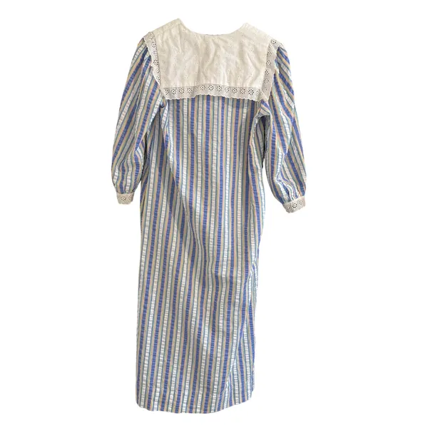 Vtg Saybury Striped Seersucker‎ Nightgown Mumu Women M Eyelet Collar Pastel Zip - Image 6