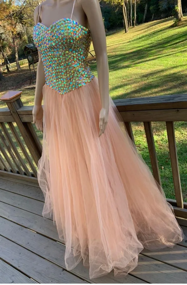 Peach Beaded Sweetheart Tulle Prom Dress - Image 4