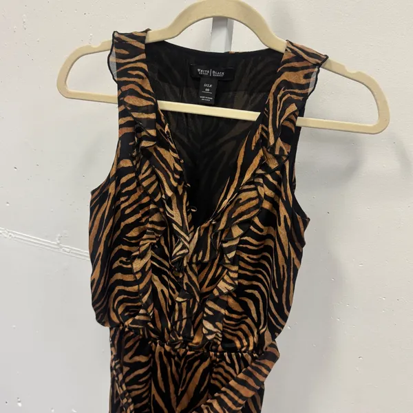 White House Black Market Silk Tiger Print Ruffle Knee Length Dress Brown Blk 00 - Image 3