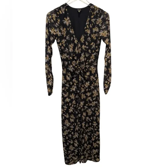 AFRM Tezza‎ Black and Gold Floral Mesh Long Sleeve Ruched Midi Dress size Small - Image 2