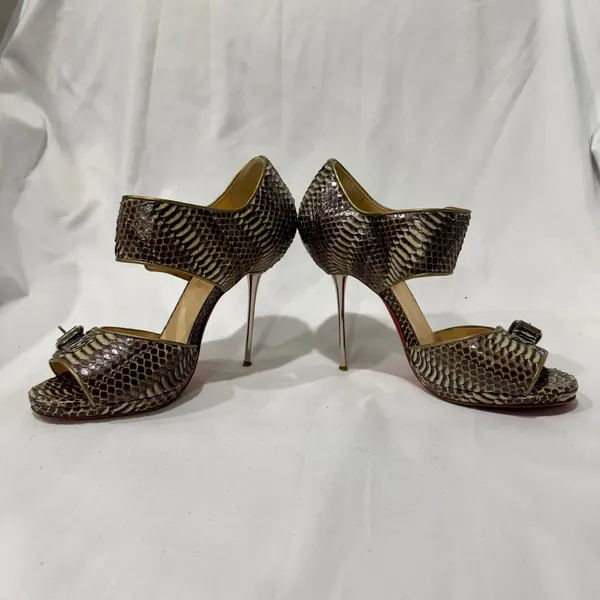 Christian Louboutin Roccia Python Double Buckle Metallic Pin Heel Sandals 39 - Image 4