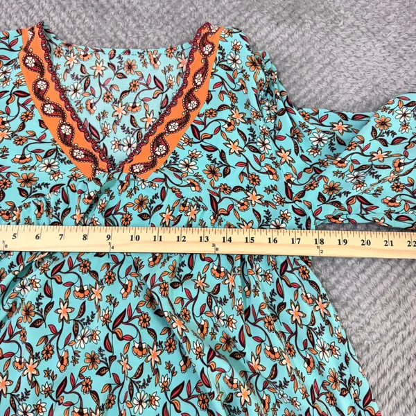Women's Boho Floral Midi Dress L Turquoise Peasant Hippie Resort Empire Waist - Image 6