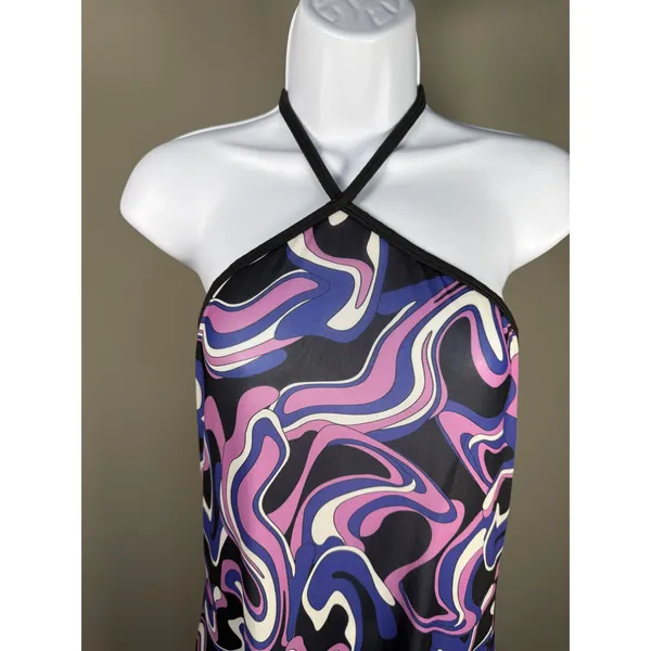 Miken High Neck Swim Cover‎ Up Medium NWT Y2K Swirl Halter Sheer Beach - Image 3