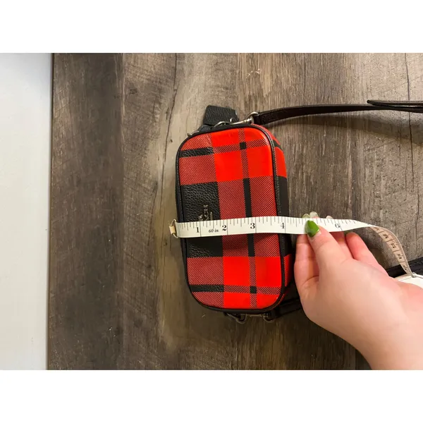 Coach Red Black Buffalo Plaid Pebble Leather Double Zip Crossbody Camera Bag - Image 8