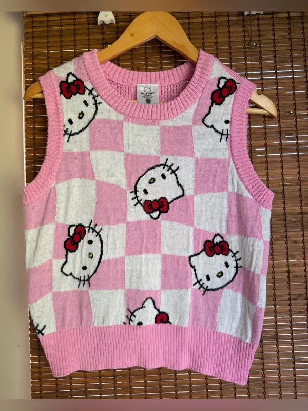 Hello Kitty Pink Checkered Knit Sweater Vest Size Small Sanrio - Image 2