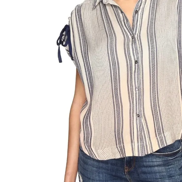 Free People Ombré Baby Blue Striped Button-Down Shirt with Tie Sleeves - Image 14