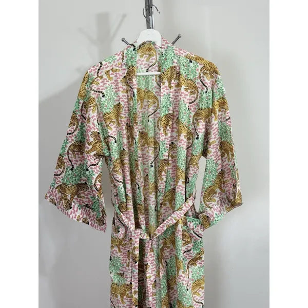 Women’s Cotton Robe Long Kimono Green Cheetah Print Jungle Loungewear Size 12 - Image 4