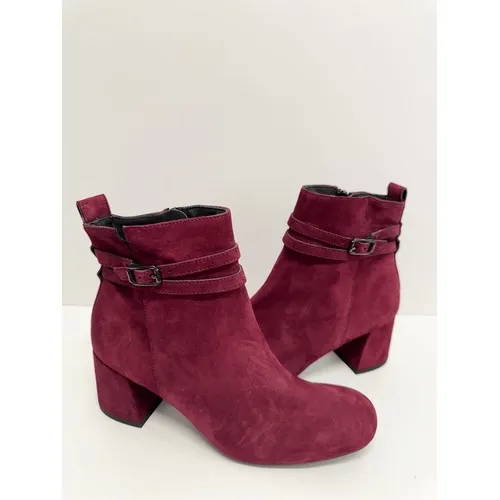 Paul Green Burgundy Suede Ankle Boots Block Heel Buckle Strap Zipper Size 7 US‎ - Image 6