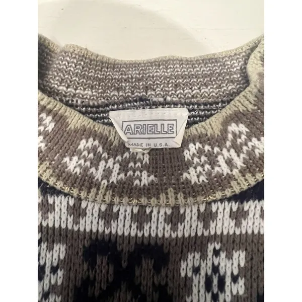 Vintage Arielle Fair Isle‎ Knit Sweater Brown Tan Lurex Metallic Made in USA L - Image 2