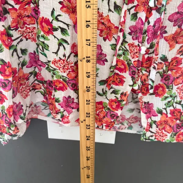 Floral Long Sleeve Tie Neck Blouse Pink Orange White Crinkle Boho Top‎ Womens XL - Image 6