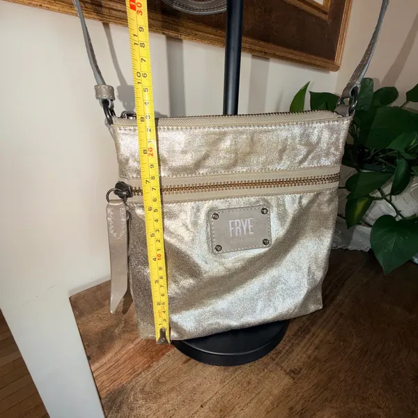 Frye Crossbody Bag Women Small Gold Metallic Canvas Leather Trim Industrial Glam - Image 3