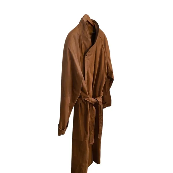 Vintage American Style Brown Leather Belted Trench Coat Mountain life old money - Image 5