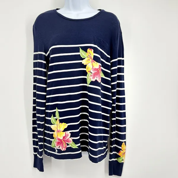 Polo Ralph Lauren Tee Women SM Navy White Stripe‎ Hibiscus Long Sleeve Nautical - Image 2