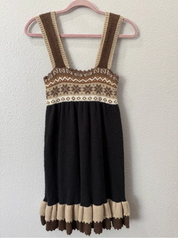 Carolina K XS Alpaca Merino Wool Fair Isle Babydoll Mini Dress Boho Cottagecore - Image 2
