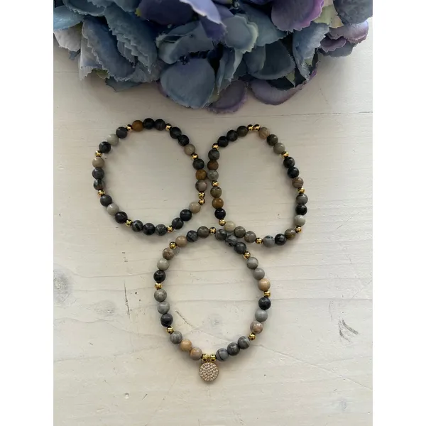 Beaded Stretch Bracelet Set Natural Stone Gray‎ Brown Gold Charm Boho Stacking - Image 4