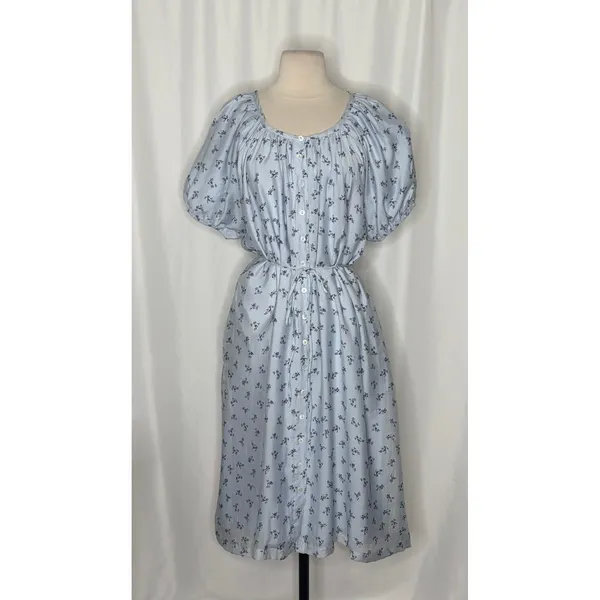ROOLEE Wandering Free Blue Floral Dress Midi Tie Waist Buttons Raglan Small - Image 2