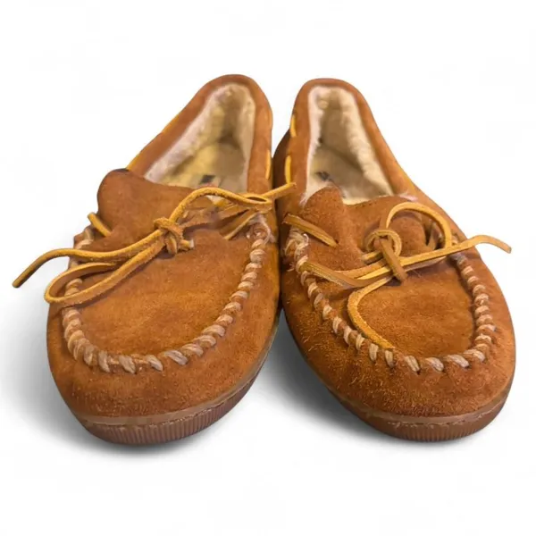 Minnetonka Women’s Moccasins Size 9 Brown Suede Shearling Lined Softsole - Image 8