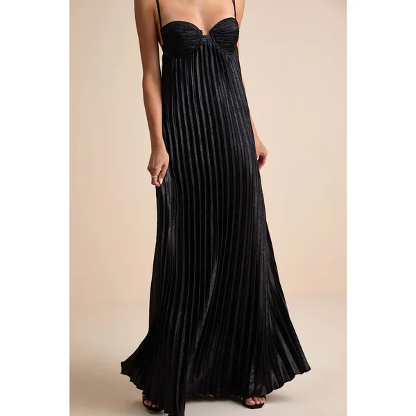 NEW Lulus Brilliant Allure Black Pleated Empire Sweetheart Maxi Dress Small - Image 2