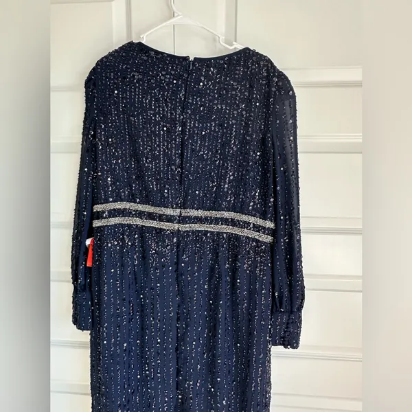 Mac Duggal Sequined V Neck Bishop Sleeve Midi Dress Navy Blue‎ Size 16 #93593 - Image 8