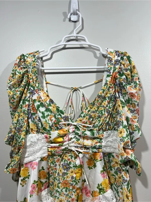For Love & Lemons Rosalyn Yellow and Green Floral Lace-Trim Mini Dress Large - Image 3