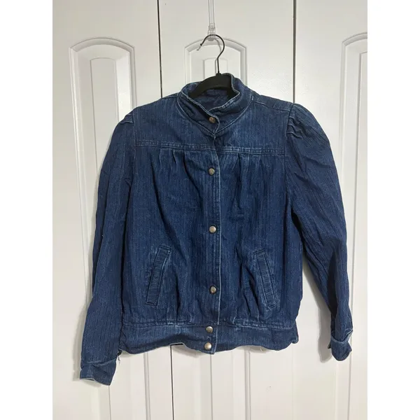 Denim Jacket Puff Sleeve Dark Wash Blue Smocked Back Mock‎ Neck Vintage Style - Image 2