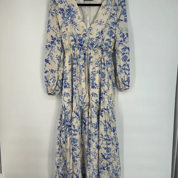 Blue Floral Long Sleeve Tiered Maxi Dress Cream/Blue XS - Image 6