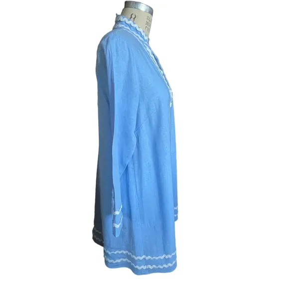 Sail to Sable Long Sleeve Linen Blend Tunic Dress Light Blue Rik Rak Trim Medium - Image 4