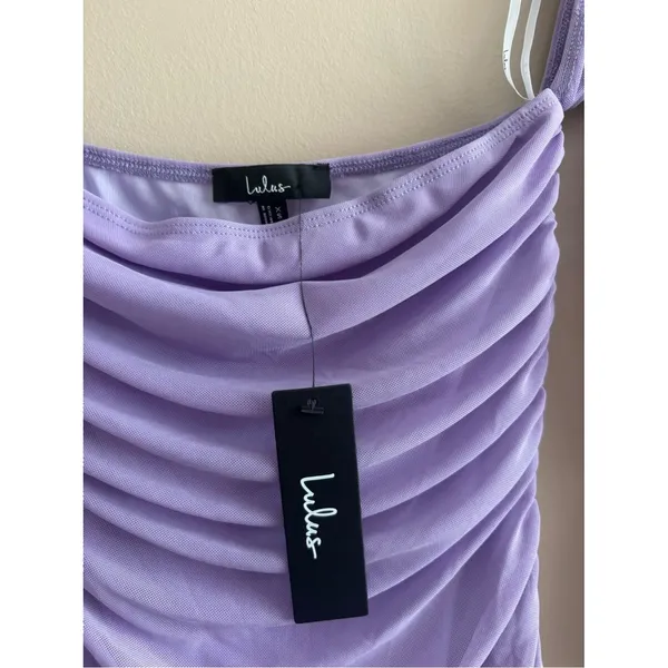Lulus Desirable Date Lavender Mesh Ruched Off-the-Shoulder Midi Dress Size XS - Image 5