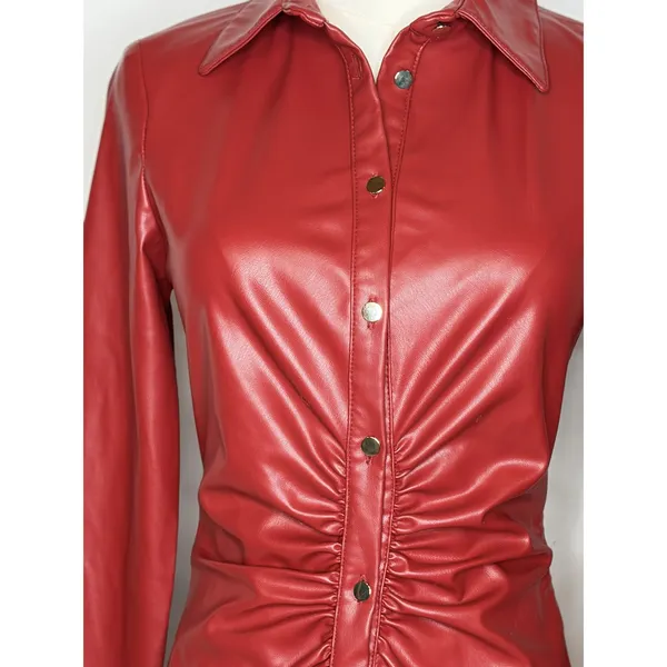 Zara Womens Faux Leather Ruched Mini Shirt Dress Red Long Sleeve XS - Image 5