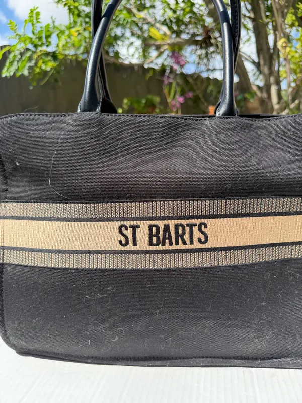 ST BARTS Black Canvas Tote Bag Beige Stripe Resort Beach Handbag - Image 17