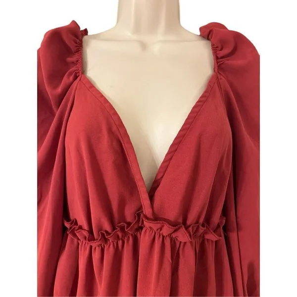 Missguided Women's Puff Sleeve Wrap Over Skater Dress Burgundy Size US:4 NWT - Image 3