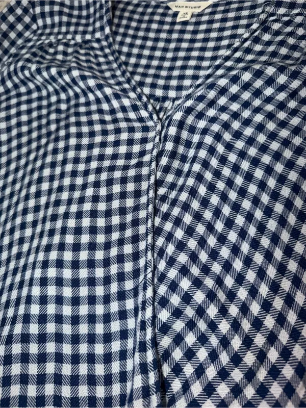 Max Studio XS Navy White Gingham Wrap Blouse 100% Rayon Soft Draped - Image 4