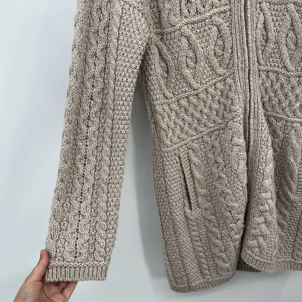 inis crafts merino 100% wool Sweater L Tan Long Full Zip Cable Knit Ireland Boho - Image 4