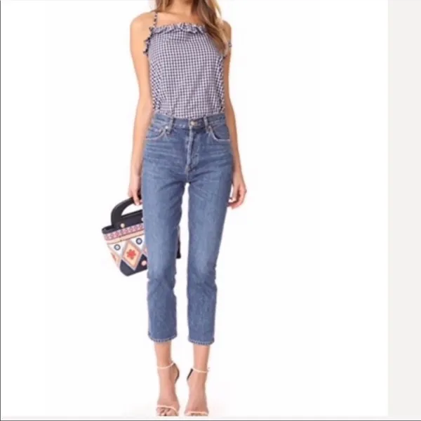 Amanda Uprichard Blue & White Gingham Ruffled Tank Top Blouse S - Image 2
