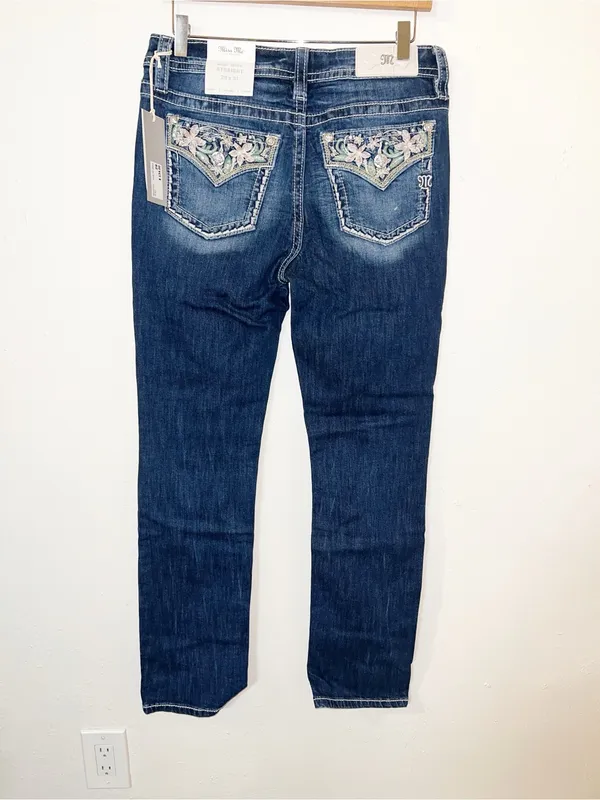 Miss Me Los Angeles Floral Pocket Detail Dark Washed Mid-Rise Straight Leg Jeans - Image 6