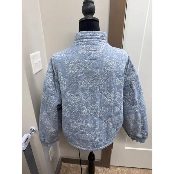 Kensie Jeans Women Blue Floral Quilted Snap Front Mock Neck Jacket Cotton Large - Image 6