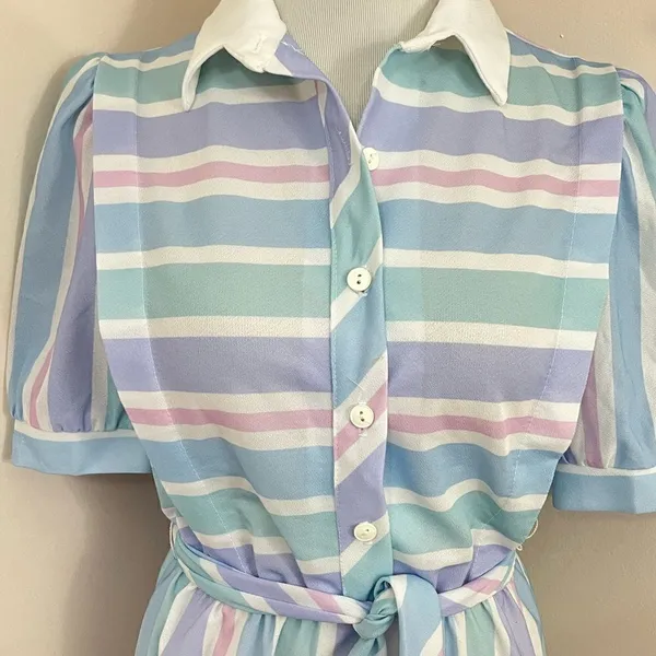 Vintage 70’s Jenny Petite Pastel Pink/ Blue Striped Midi Shirt Dress S - Image 3