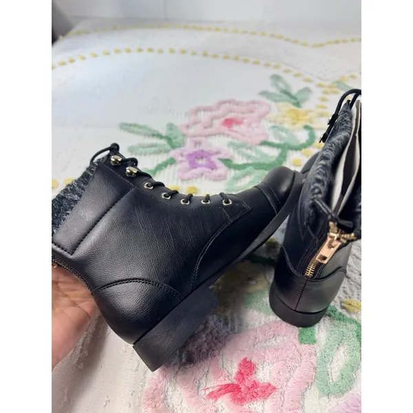 Wild Pair Peeta Black Combat‎ Boots Knit Cuff Gold Zip Cap Toe womens 7 - Image 3
