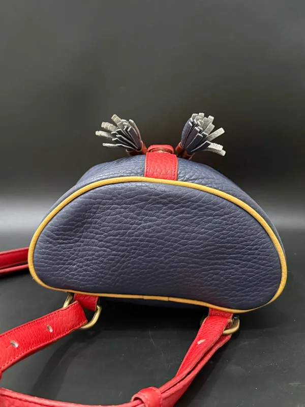 Rare Vintage DOONEY & BOURKE Teton AWL Lipstick Red Navy Yellow Leather Backpack - Image 8