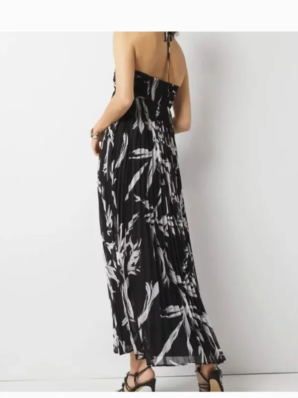 NWT White House Black Market halter Neck Pleated Maxi Dress Black White 4 - Image 6