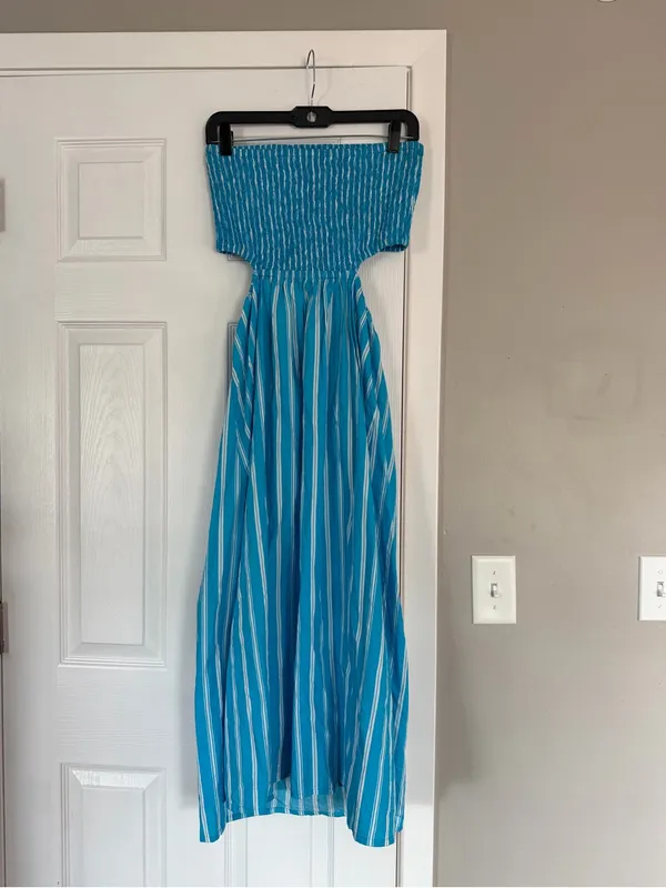 Faithfull The Brand Deva Midi Dress Strapless Blue - Image 4