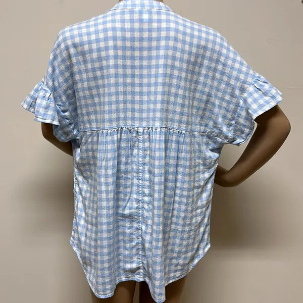 Crown & Ivy Baby Blue & White Plaid Short Flutter Sleeve Linen Blend Top size S - Image 6