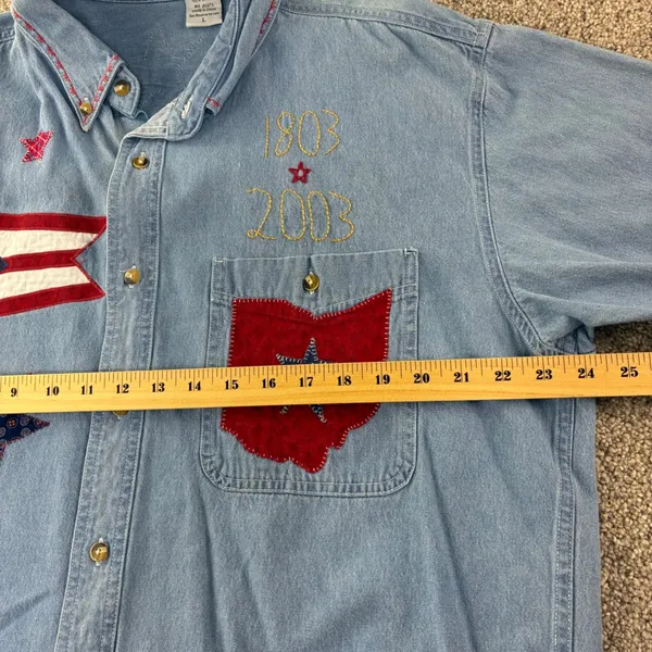 Ohio Bicentennial Denim Shirt Women L Blue Patchwork Americana Vintage Retro‎ - Image 6